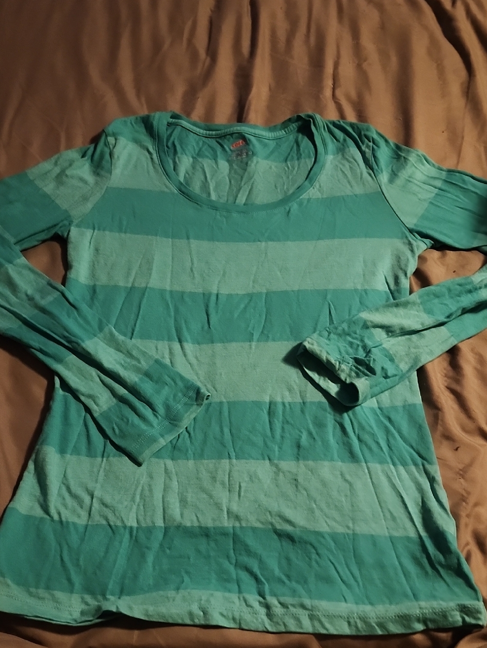 Soffe Teal Striped Long-Sleeve Scoop Neck Top